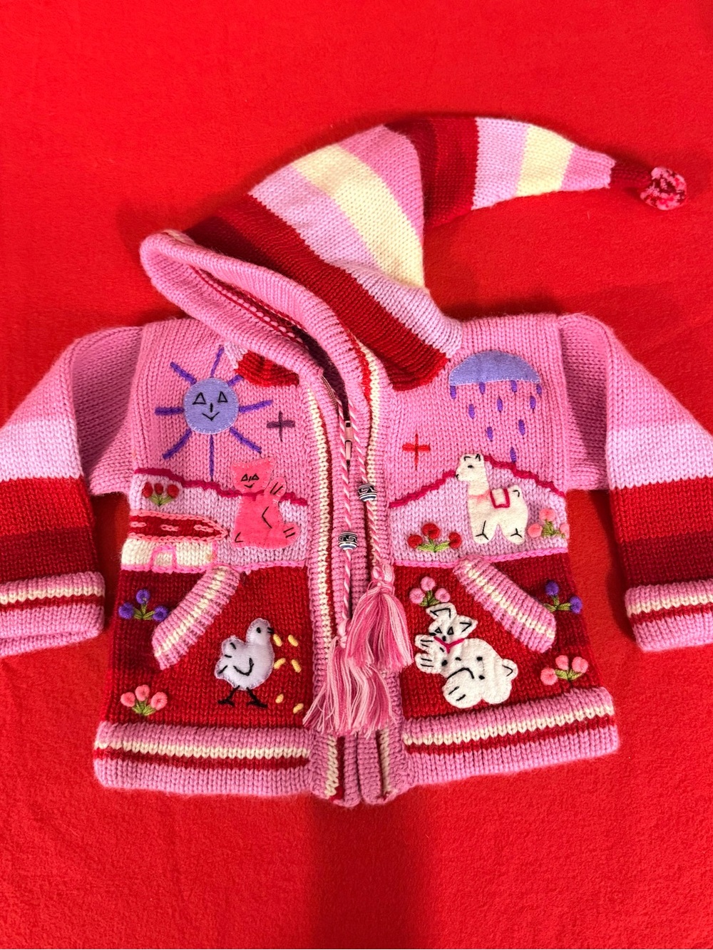 Girls Pink Hooded Knit Jacket with Playful Animal Appliqués